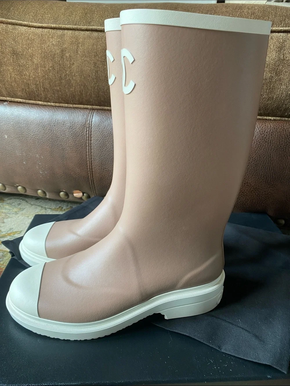 NEW CHANEL Blush Pink and Cream Tall Logo Rain Boots 2025 Collection Size 38